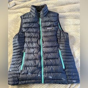 Patagonia Women's “Down Sweater Vest” Navy Blue Vest with Teal Zippers